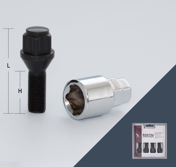 Болт секретный M12x1,25 50/28, конус, 4+1 ключ, BLACK, H-59605