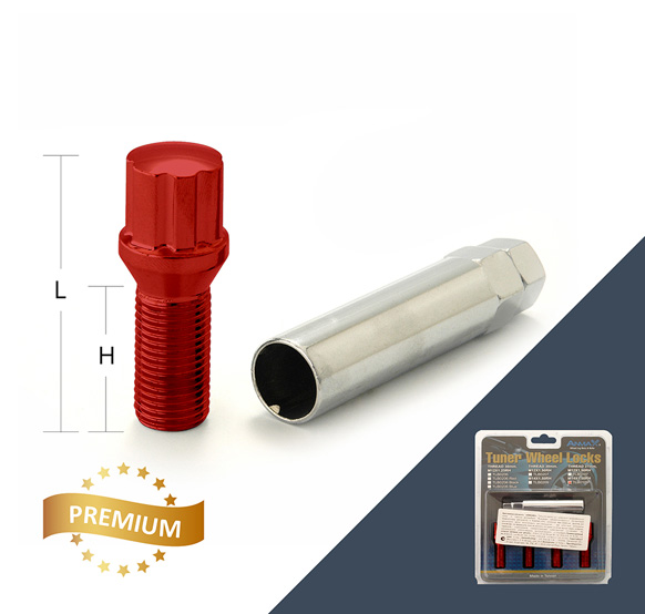 Болт секретный M12x1,25 55/30, внешний спец, 4+1 ключ, RED, TLB0206 Anmax