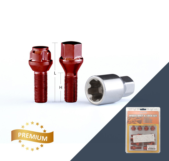 Болт M14x1,5 52/27, hex17, конус, 16 шт, секрет 4+1, RED, B012709L Anmax