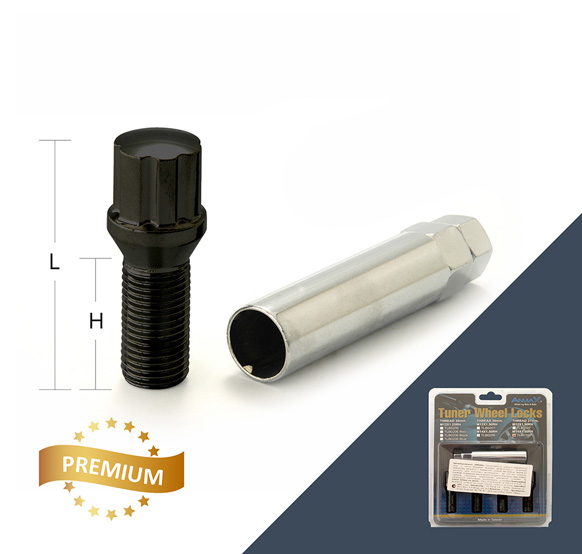 Болт секретный M12x1,25 55/30, внешний спец, 4+1 ключ, BLACK, TLB0206 Anmax